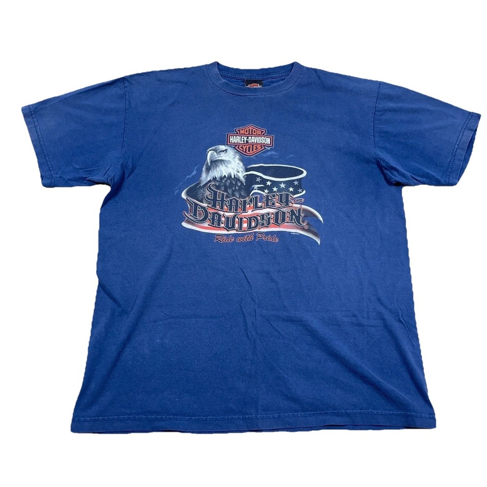 Vintage Harley Davidson Shirt Men XL‎ Blue Biker Tee Y2K 2000s Eagle Bar Shield